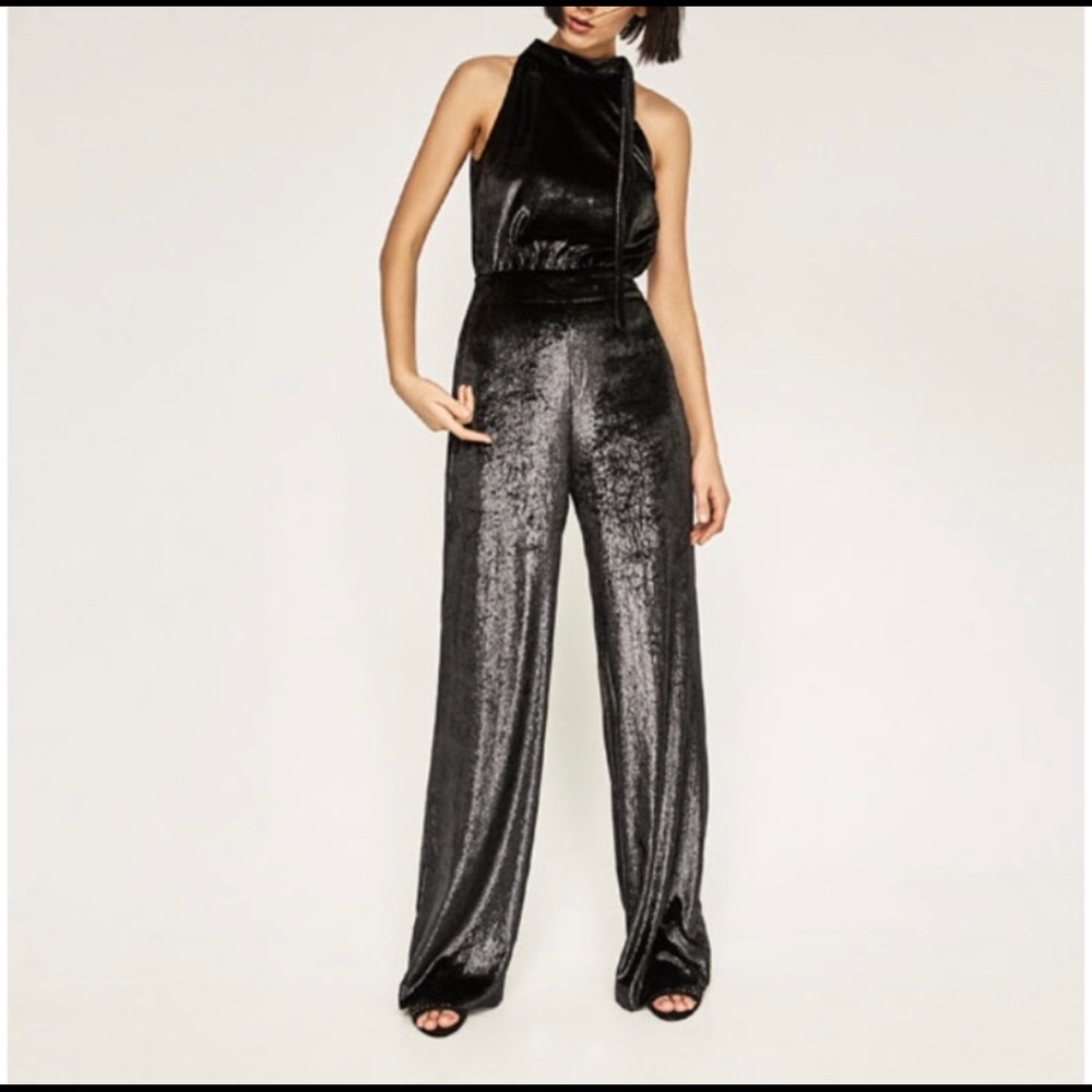 Zara black shiny velvet jumpsuit